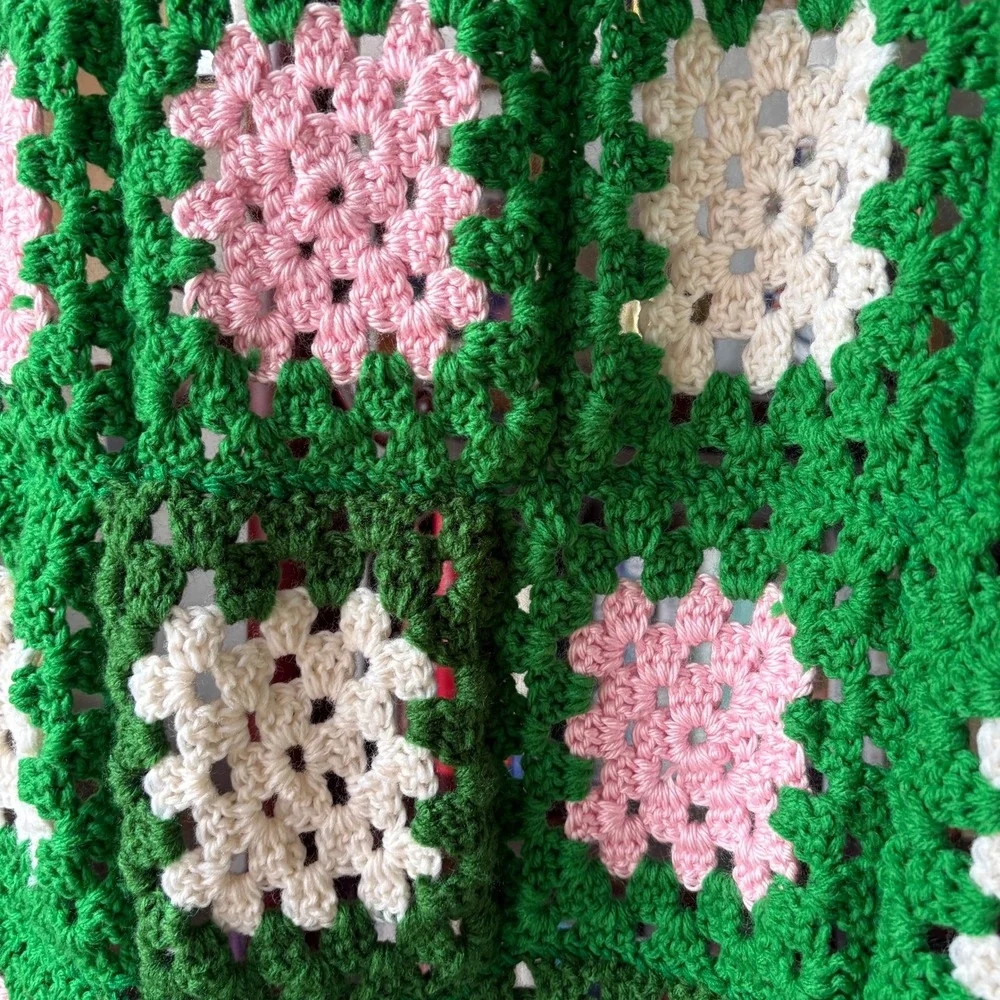 Handmade Crochet Granny Square Throw Blanket – Green‎ Floral Cottagecore